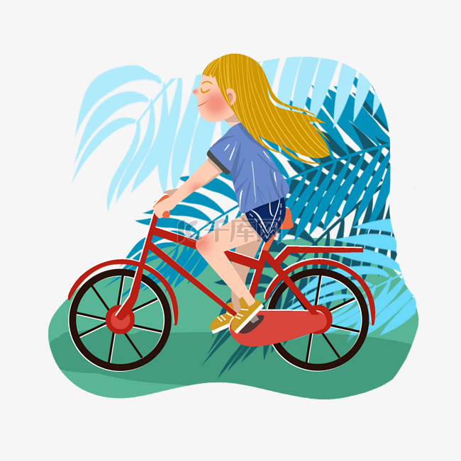 暑假金发女孩骑单车出行png素材