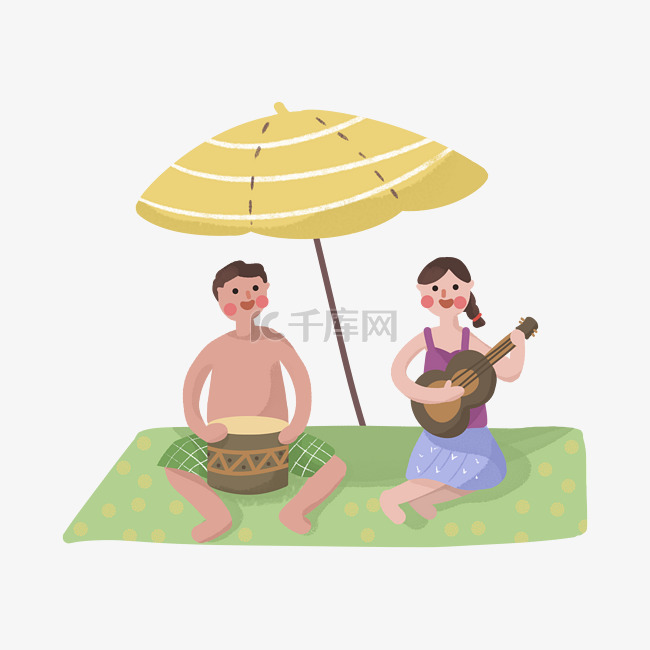 夏季夏天情侣海边太阳伞下弹吉他