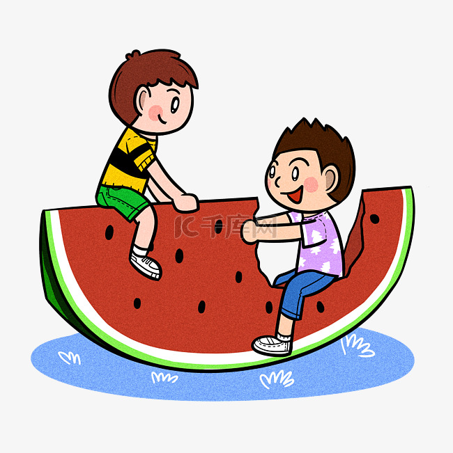 卡通儿童夏天玩乐吃西瓜png透