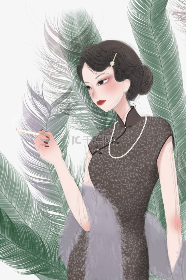 民国穿旗袍女子抽烟插画免抠图片是千库网设计师制作的卡通手绘png