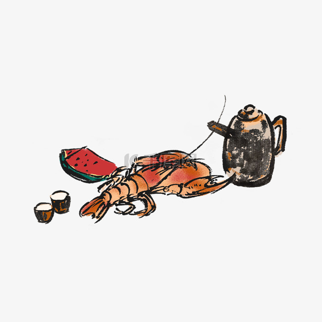 小龙虾手绘中国风插画