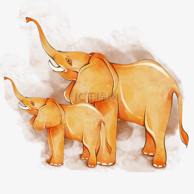 手绘水彩夏天橙色大象
