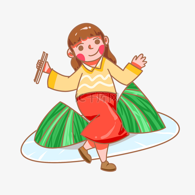 端午节吃粽子的女孩手绘插画