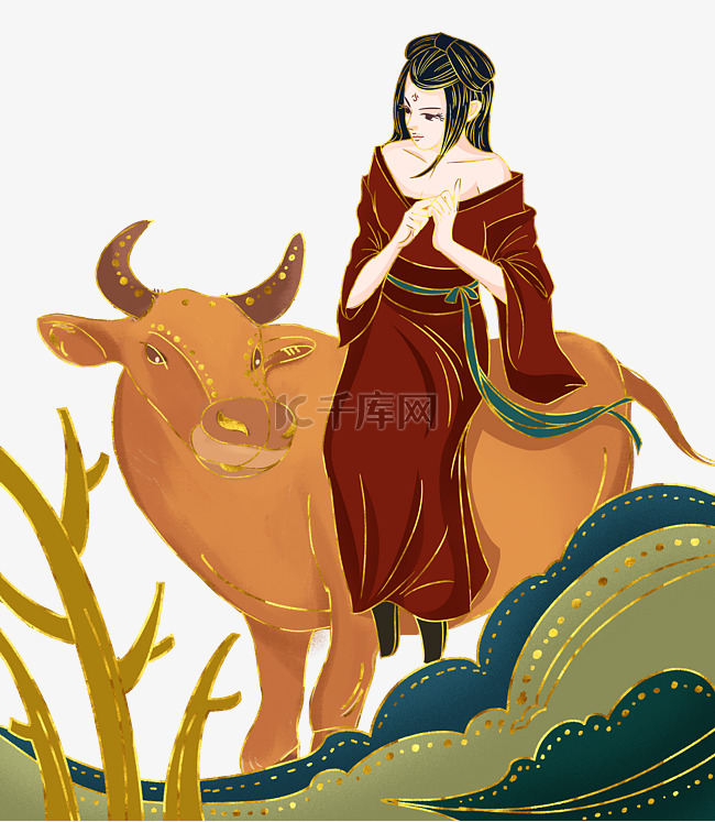 描金国潮神话御兽美女骑牛召唤师