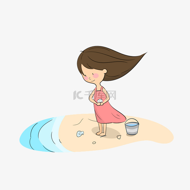 卡通夏日海边捡贝壳的小女孩