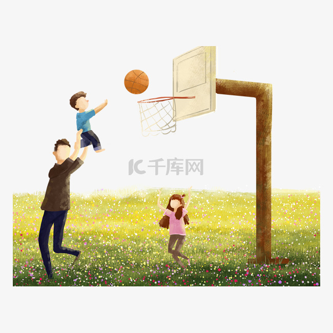 秋天草地篮球运动父子家庭游戏