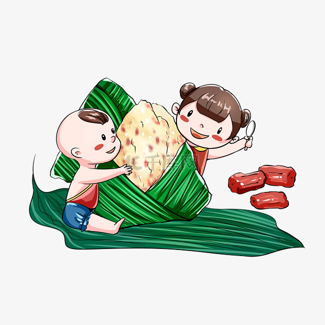 两个小孩吃粽子