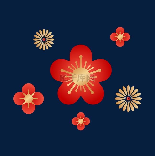 红金花朵春节新年新春国潮装饰