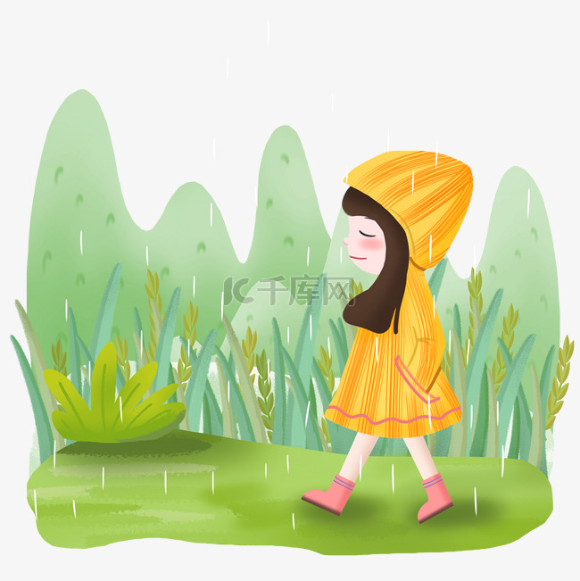 谷雨时节女孩穿着雨衣散步插画