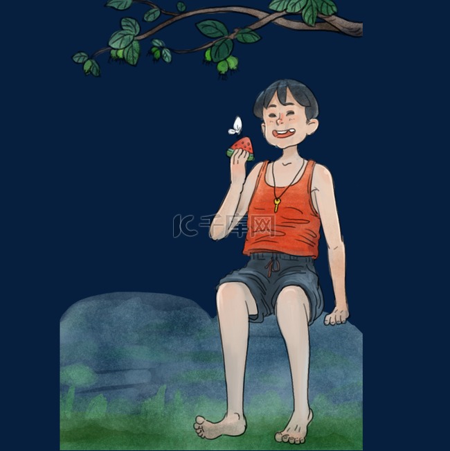 树下男孩开心的吃西瓜
