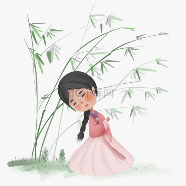 竹子下的朝鲜族少女