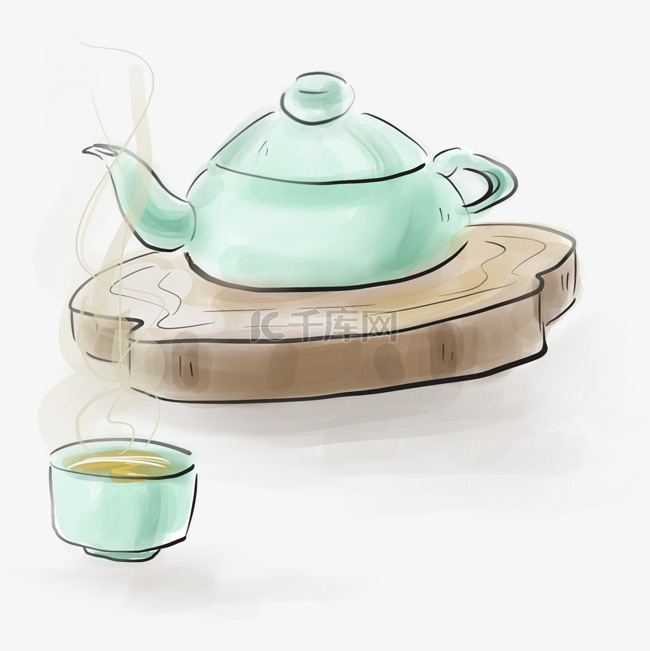 古风青色茶壶和茶杯