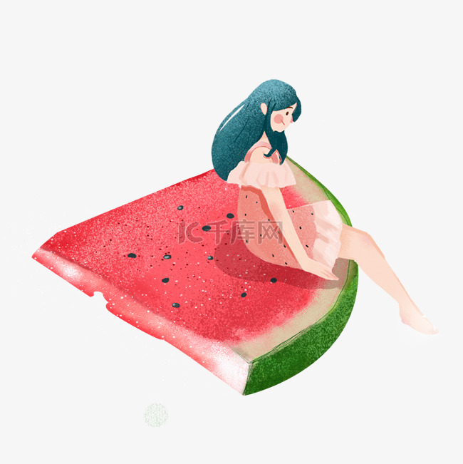 大暑女孩坐在清凉的西瓜上面PNG