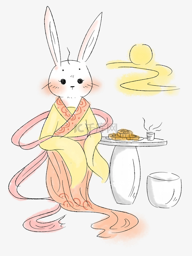 中秋节赏月与吃月饼的兔兔PNG