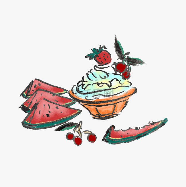 夏天草莓西瓜冰淇淋手绘装饰