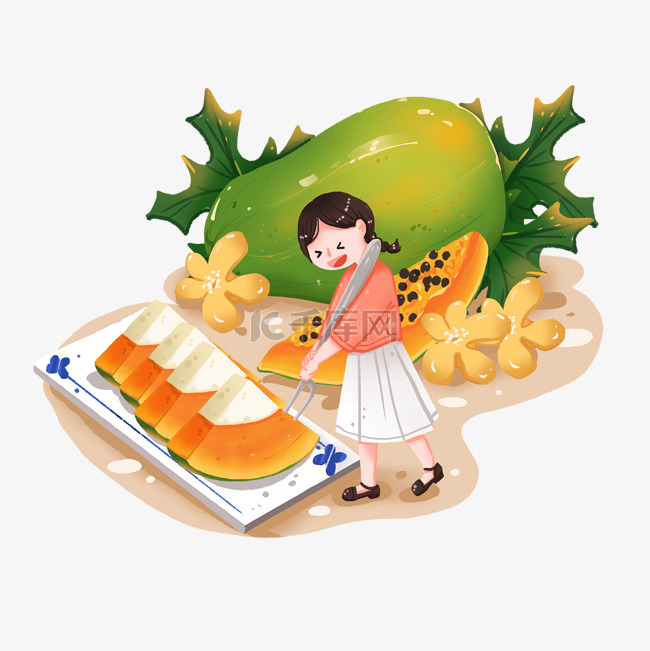 趣味应季水果丰收木瓜甜品和小女