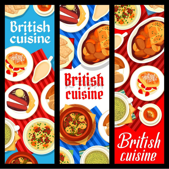 英国美食与英国肉类和蔬菜菜肴。