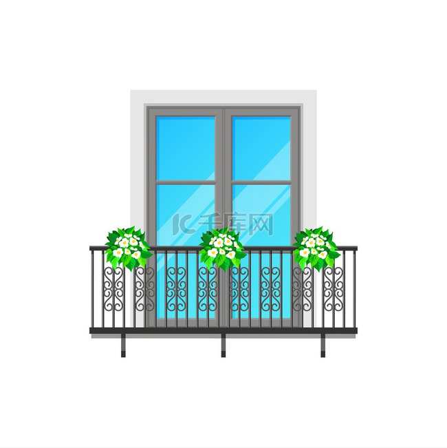 带栅栏栏杆的阳台窗户、矢量建筑