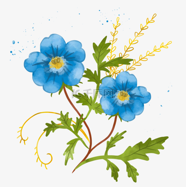 蓝色水彩晕染金箔叶子花卉植物