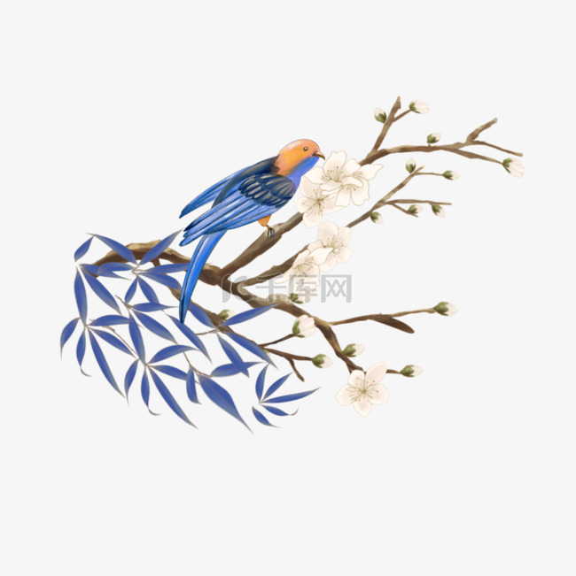 中国风格花鸟画植物蓝色