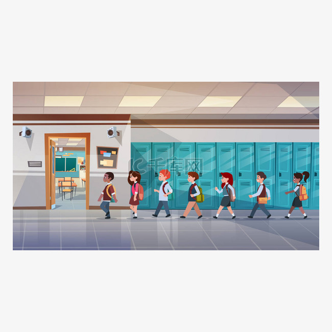 组的学生走在学校走廊上课房间，