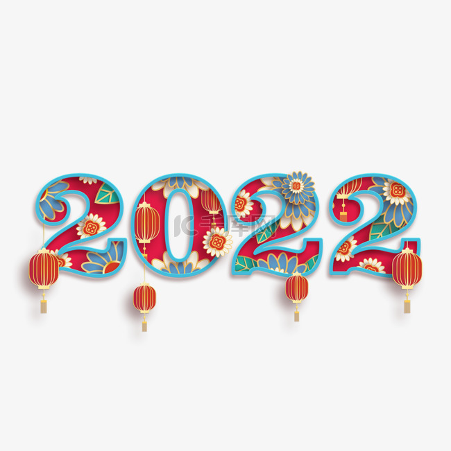 2022蓝色花朵红灯笼的新年春