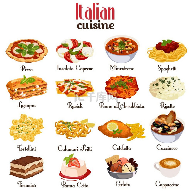 意大利美食图标集的矢量插图