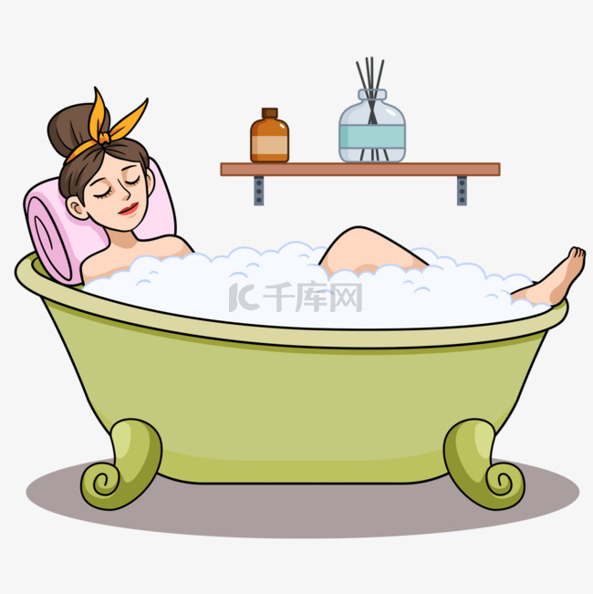 美女浴缸泡澡卡通绿色