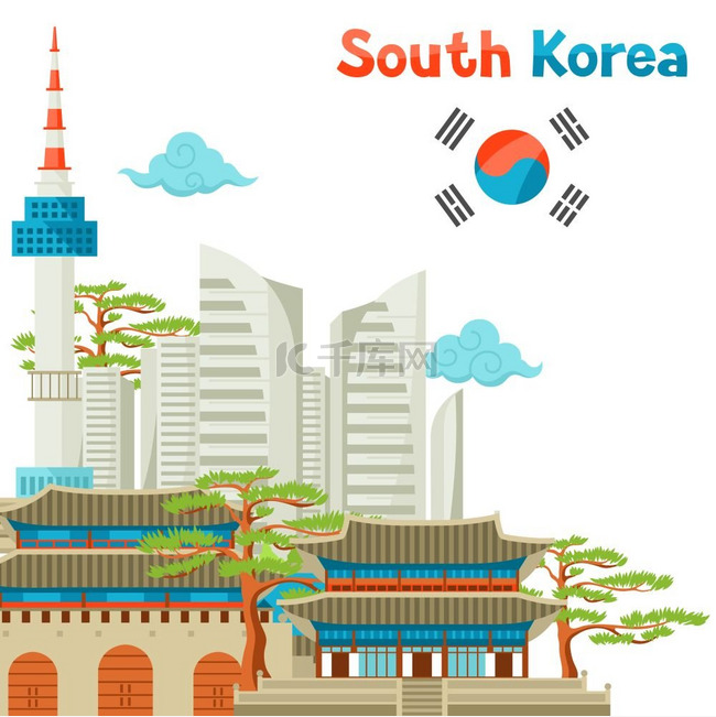 韩国历史和现代建筑背景设计。