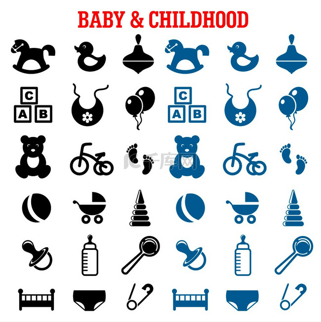 婴儿、幼稚和童年的图标设置有玩