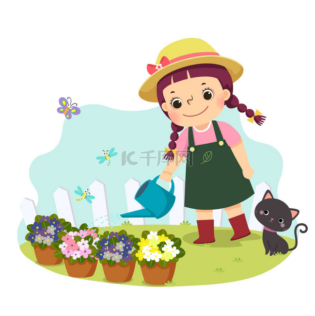 一个小女孩浇灌植物的病媒图解.