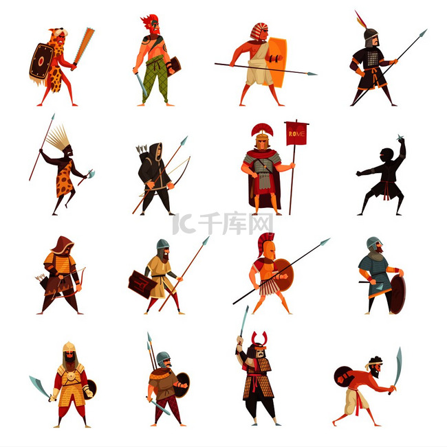 古代战士图标与武器和装备平面隔