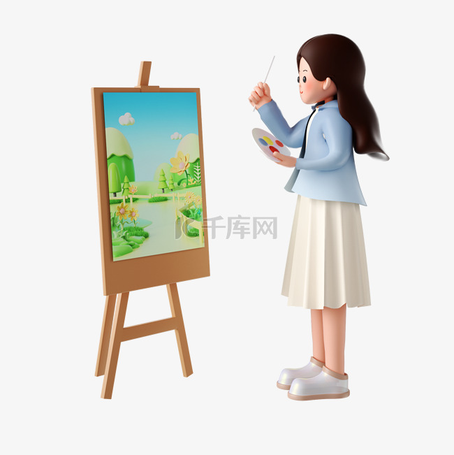 春天3D立体女孩人物踏青画画