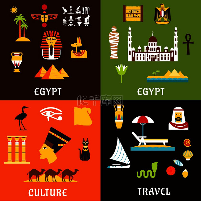 埃及旅游平面图标具有古老的历史