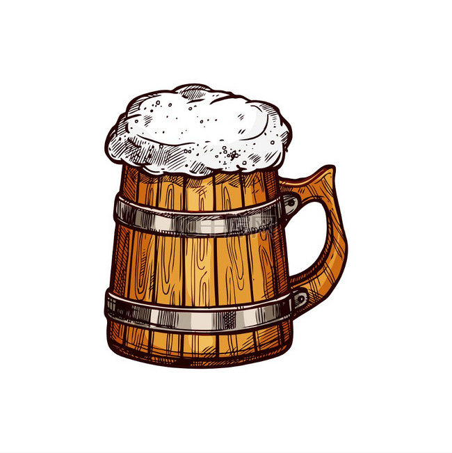 冰镇啤酒的木制马克杯隔离酒精饮料草图淡啤酒或淡啤酒一杯冰冻的深色浅色啤酒隔离素描