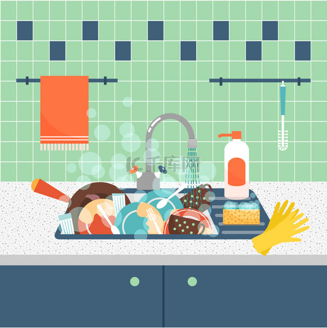 厨房的水槽配有脏厨具和餐具。矢