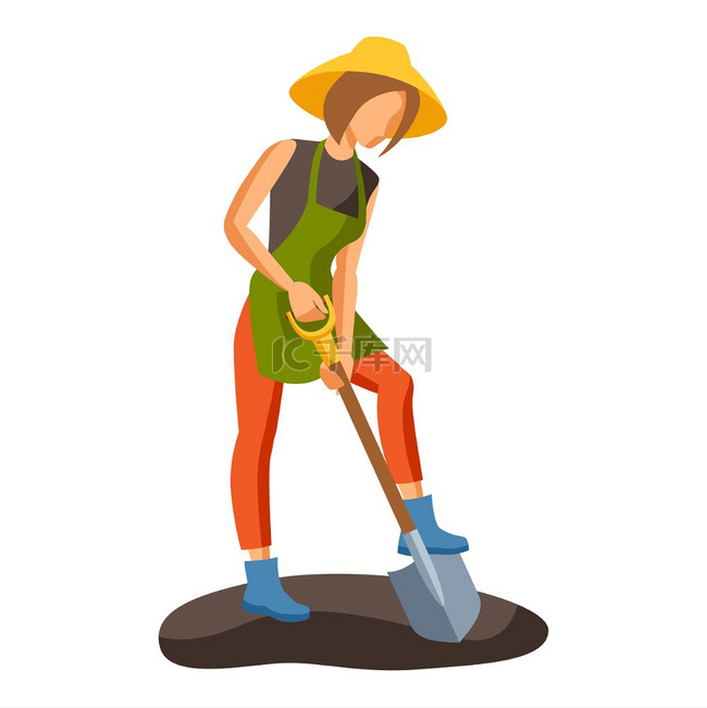 年轻女孩挖掘地面的插图季节园艺