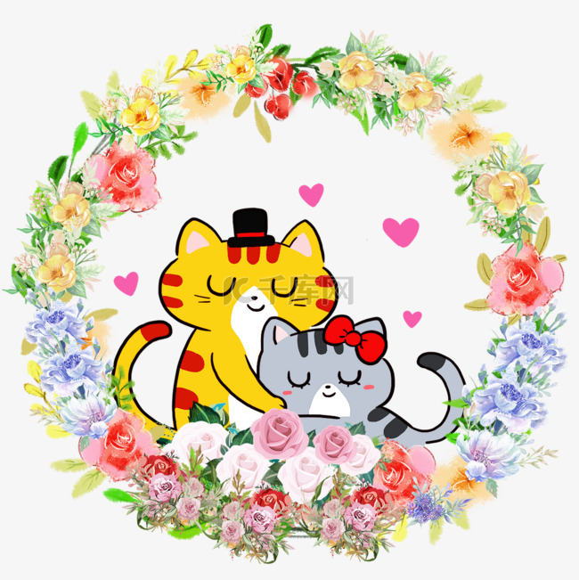 动物情侣小猫花卉花环