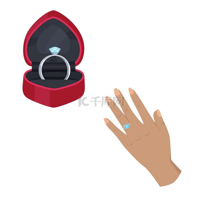 盒子里的订婚戒指和手上的插图。