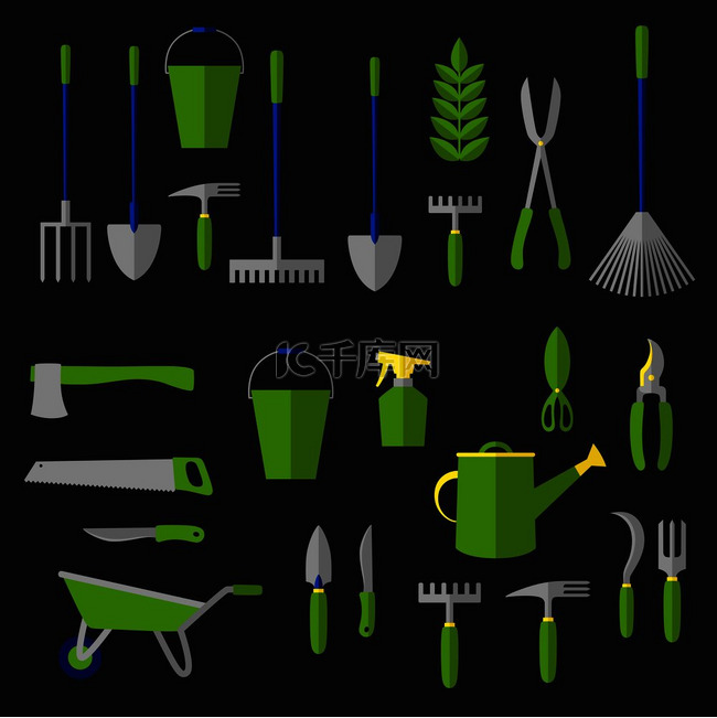 农业和园艺工具，包括耙子、铲子