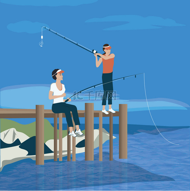 钓鱼 - 两个女孩与钓鱼竿在码