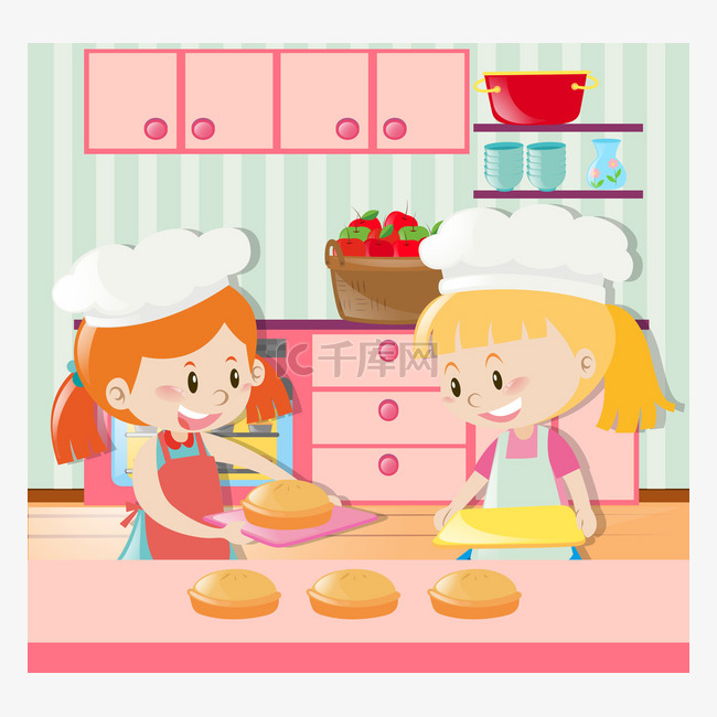 两个女孩在厨房里做馅饼