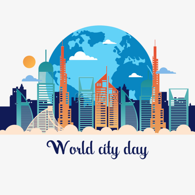 蓝色地球世界城市日建筑剪影