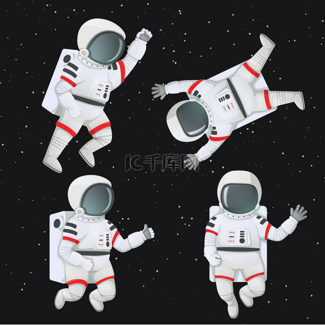 一组宇航员在太空中漂浮在不同的
