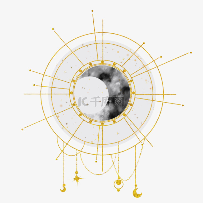 月亮波西米亚圆形金粉装饰水彩