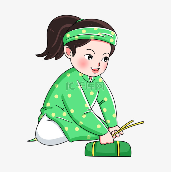 越南春节绿色服饰女孩包粽子