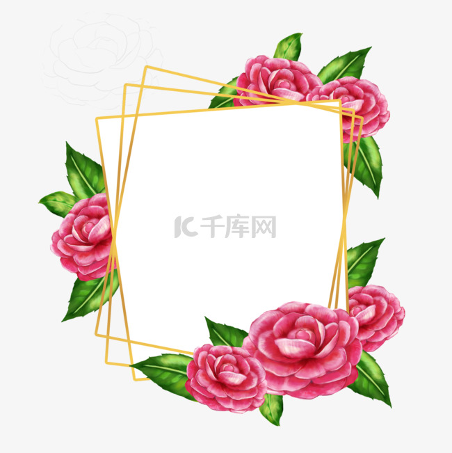 山茶花水彩花卉金线质感边框