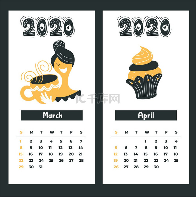 2020 年日历。矢量插图。