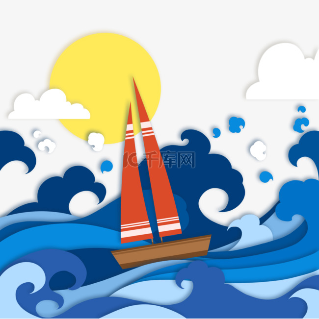 海浪帆船海洋剪纸风格