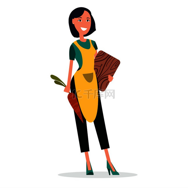 女厨师穿着黄色围裙，切菜板和胡